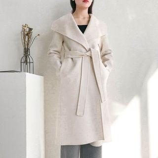 Tie Waist Woolen Coat White - S