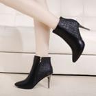 Faux Leather Embossed Panel High Heel Ankle Boots