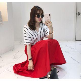 Batwing-sleeve Linen Stripe Blouse