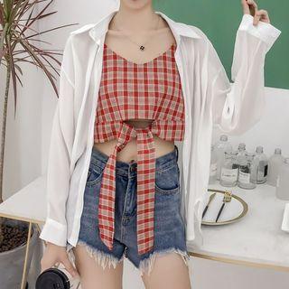 Set: Plain Shirt + Plaid Cropped Camisole Top