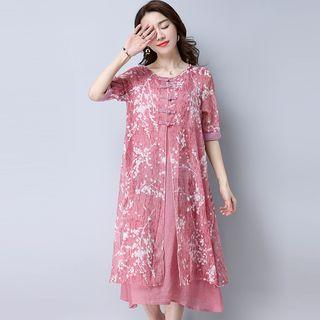 Elbow-sleeve Printed Mock Two-piece Dress