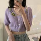 Short-sleeve Flower Embroidered Cropped Knit Cardigan