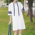 Two-tone Elbow-sleeve Hooded Mini T-shirt Dress