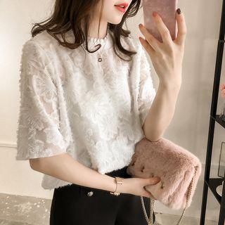Embroidered Elbow-sleeve Chiffon Blouse