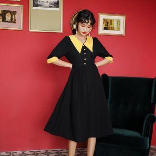 Contrast Collar Elbow-sleeve Midi A-line Dress
