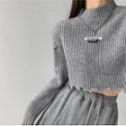 Mock-neck Distressed-hem Cropped Sweater In 5 Colors