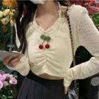 Long-sleeve Halter-neck Cherry-accent Crop Top