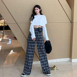 Long-sleeve Paneled T-shirt / Plaid Wide-leg Pants