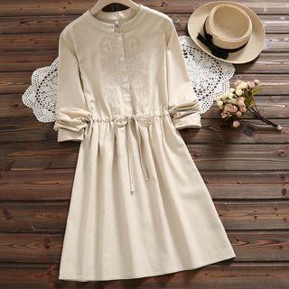 Embroidered Long-sleeve Drawstring A-line Dress
