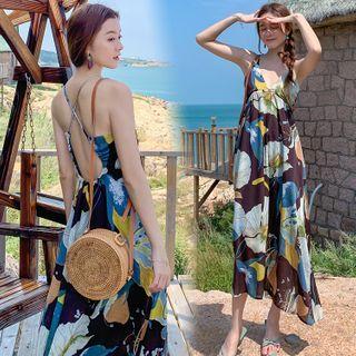Spaghetti Strap Floral Print Open-back Midi A-line Dress