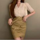 Short-sleeve V-neck Button-up Top / Fitted Skirt