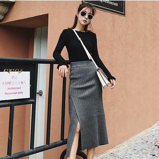 Set: Ruffle Trim Long-sleeve Knit Top + Midi Knit Skirt
