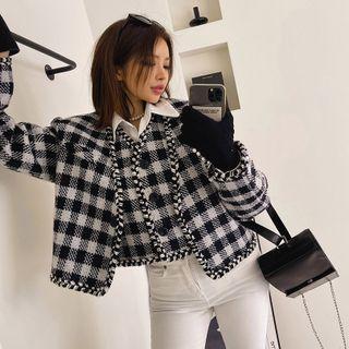 Checked Set: Short Jacket + Button-up Vest Black - One Size