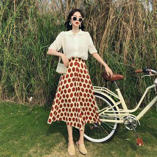 Short-sleeve Cardigan / Midi A-line Dotted Skirt