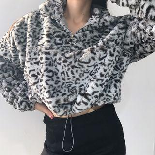Zip-up Leopard Print Drawstring Crop Top