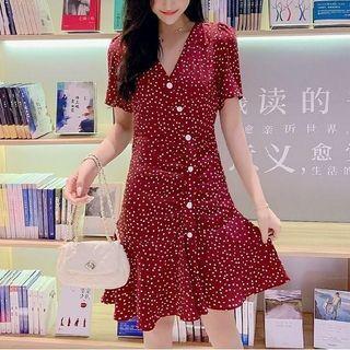Dotted Short-sleeve Button Mini A-line Dress