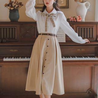 Set: Long-sleeve Tie-neck Shirt + Button Midi A-line Skirt