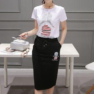 Set : Print Short-sleeve T-shirt + Knit Skirt