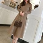 Long-sleeve A-line Midi Dress Coffee - One Size