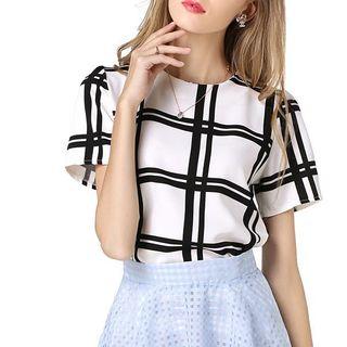 Plaid Short Sleeve Chiffon Top