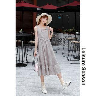 Ribbon-neckline Checker Sleeveless Midi Dress