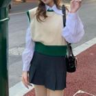 Two-tone Knit Vest / Puff-sleeve Blouse / Pleated Skirt