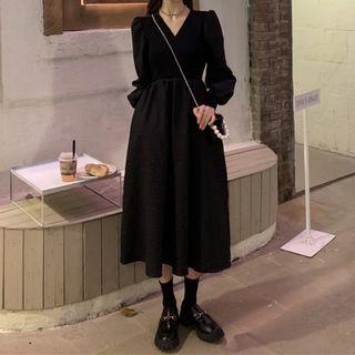 Puff-sleeve V-neck Midi A-line Dress Black - One Size
