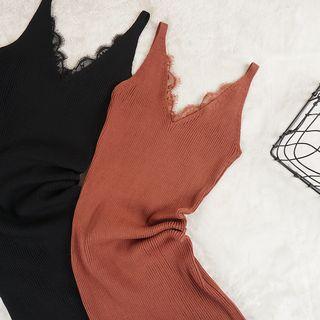 Spaghetti Strap Lace Trim Mini Knit Dress