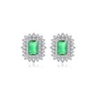 Elegant And Bright Geometric Rectangle Pattern Stud Earrings With Green Cubic Zirconia Silver - One Size