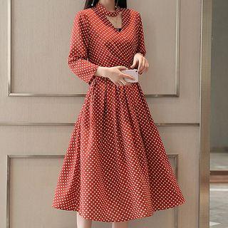 3/4-sleeve Polka Dot Midi A-line Pleated Dress