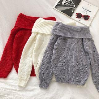 Plain Perforated Off-shoulder Long-sleeve Sweater