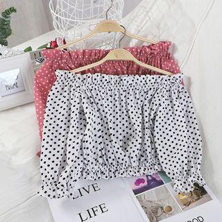 Dotted Off-shoulder Elbow-sleeve Cropped Blouse