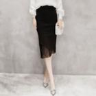 Pleated Lace Hem Midi Skirt