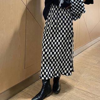 High-waist Plaid Slit Maxi Skirt Black & White - One Size