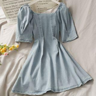 Boatneck Elbow-sleeve Mini Dress