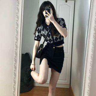 Argyle Knit Crop Top / Denim Mini Pencil Skort / Set
