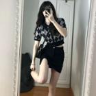 Argyle Knit Crop Top / Denim Mini Pencil Skort / Set
