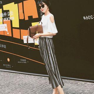 Set: Cold Shoulder Short Sleeve Top + Print Wide-leg Pants