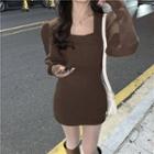 Long-sleeve Square-neck Knit Mini Sheath Dress Brown - One Size