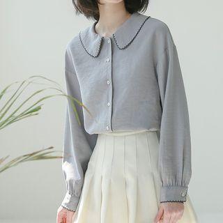 Peter-pan-collar Blouse Grayish Blue - One Size