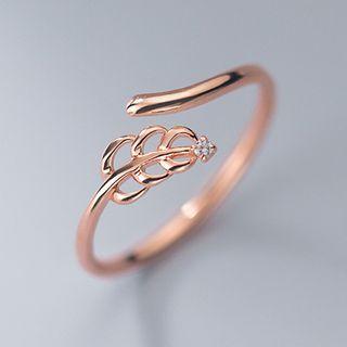 Rhinestone Leaf Sterling Silver Open Ring Rose Gold - One Size