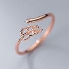 Rhinestone Leaf Sterling Silver Open Ring Rose Gold - One Size