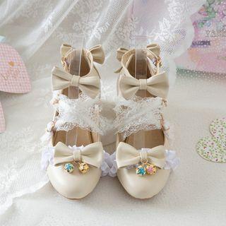 Ankle Strap Bow Lace Chunky Heel Pumps