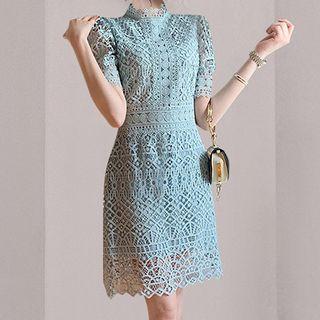 Short-sleeve Mock-neck Lace A-line Dress
