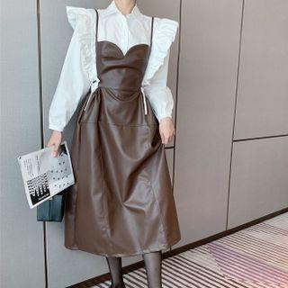 Ruffled Shirt / Faux Leather Midi A-line Overall Dress