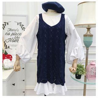 Set: Lantern-sleeve Dress + Mini Pinafore Knit Dress