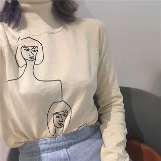 Long-sleeve Cartoon Print Turtleneck Knit Top As Shown In Figure - One Size