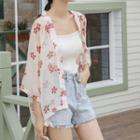 Flower Print Open Front 3/4-sleeve Chiffon Jacket Red - One Size
