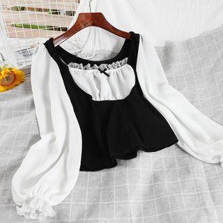 Puff-sleeve Two Tone Blouse Black - One Size