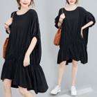 Elbow-sleeve Irregular A-line Dress Black - One Size